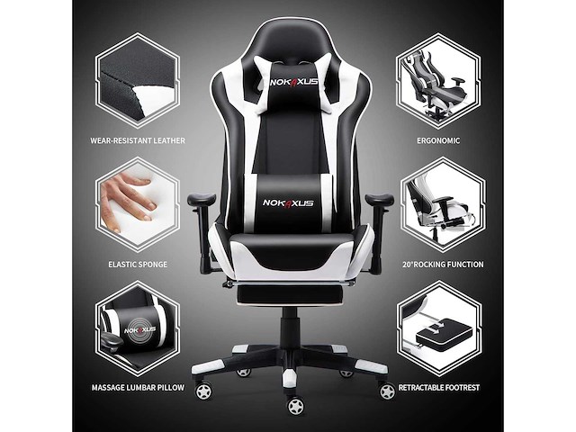 Gaming stoel, - lendensteun - massage en intrekbare voetsteun - afbeelding 5 van  6
