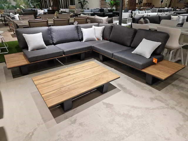 Garden prestige lota alu lounge hoekset charcoal met acacia zijtafels - afbeelding 1 van  10
