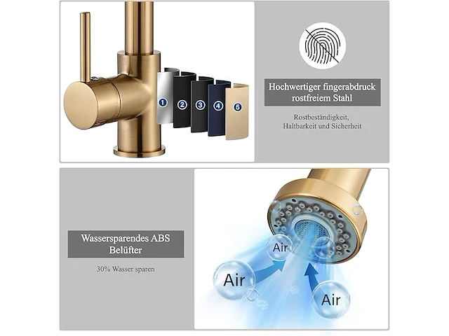 Geborsteld goudkleurige lagedruk keukenkraan - afbeelding 3 van  4