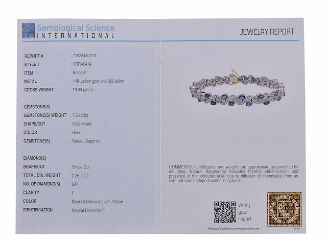 (gecertificeerd) armband met natuurlijke diamanten en natuurlijke blauwe saffier 19.63g - afbeelding 5 van  6