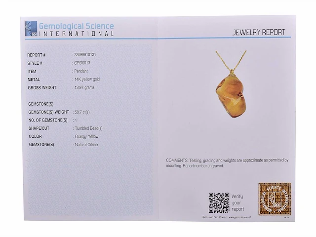 (gecertificeerd) hanger en ketting 14k goud met natuurlijke citrien 13,97 grm - afbeelding 5 van  6