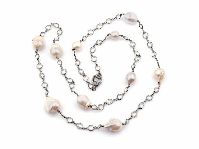 (gecertificeerd) ketting met natuurlijke diamant natuurlijke parel en natuurlijke witte topaas 61.44 gm - afbeelding 1 van  5