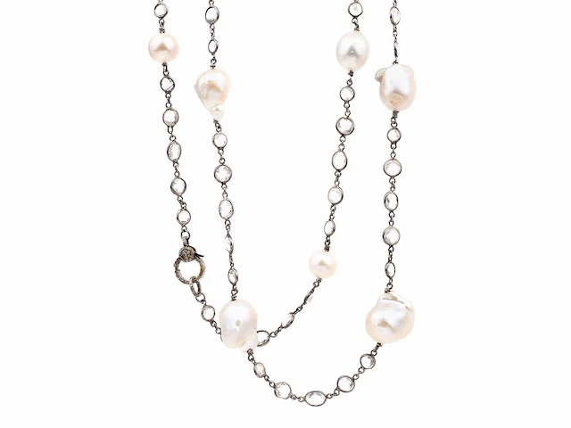 (gecertificeerd) ketting met natuurlijke diamant natuurlijke parel en natuurlijke witte topaas 61.44 gm - afbeelding 2 van  5