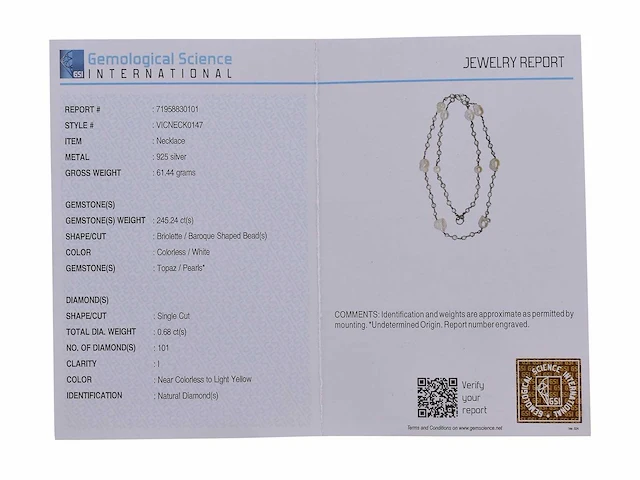 (gecertificeerd) ketting met natuurlijke diamant natuurlijke parel en natuurlijke witte topaas 61.44 gm - afbeelding 4 van  5