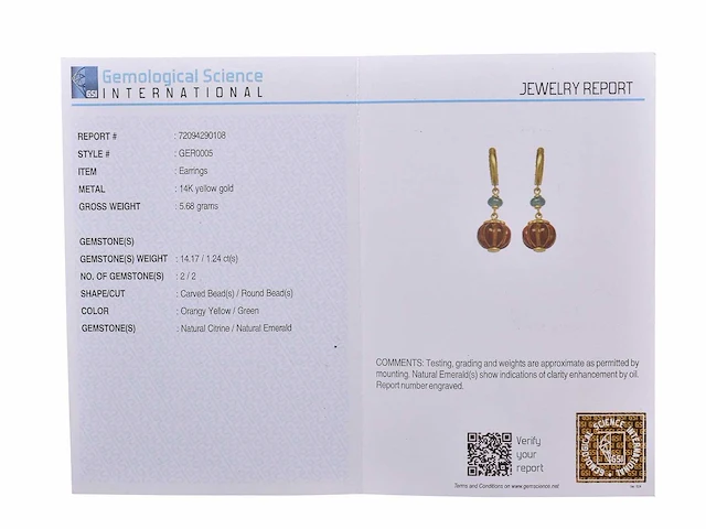 (gecertificeerd) oorbellen 14k goud met natuurlijke citrien en smaragd 5.68 gm - afbeelding 5 van  6