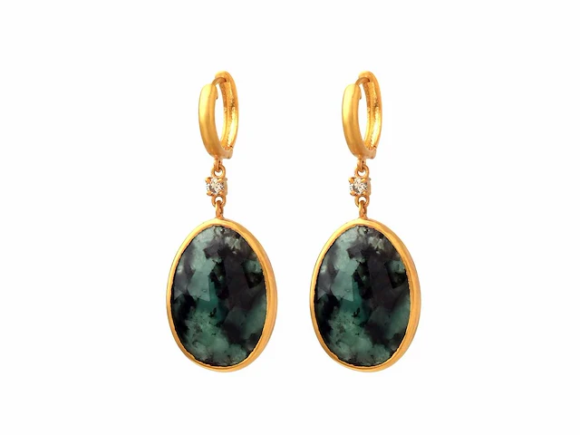 (gecertificeerd) oorbellen 14k goud met natuurlijke diamanten en smaragd 6.20 g - afbeelding 1 van  6