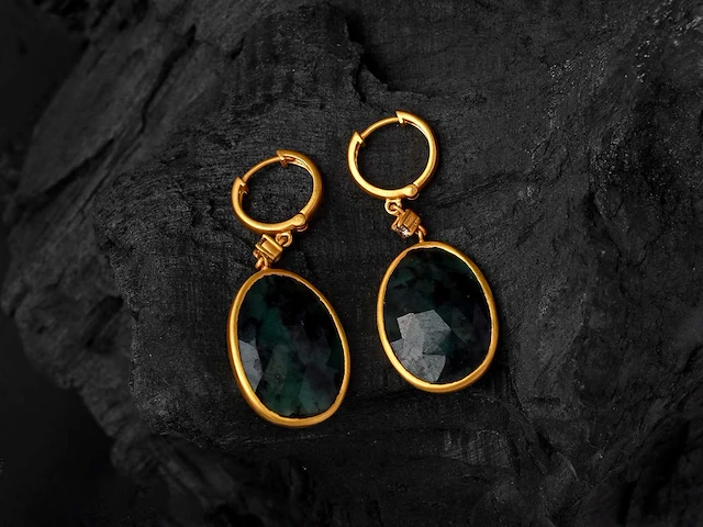 (gecertificeerd) oorbellen 14k goud met natuurlijke diamanten en smaragd 6.20 g - afbeelding 2 van  6