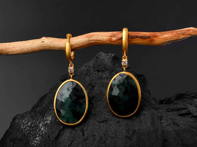 (gecertificeerd) oorbellen 14k goud met natuurlijke diamanten en smaragd 6.20 g - afbeelding 3 van  6