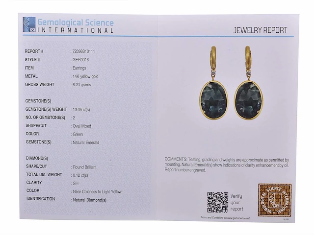 (gecertificeerd) oorbellen 14k goud met natuurlijke diamanten en smaragd 6.20 g - afbeelding 5 van  6