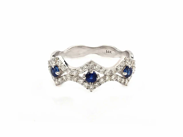 (gecertificeerd) ring 14k goud met natuurlijke blauwe saffier en diamanten 2.56g - afbeelding 1 van  6