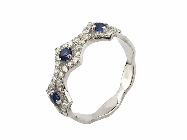 (gecertificeerd) ring 14k goud met natuurlijke blauwe saffier en diamanten 2.56g - afbeelding 3 van  6