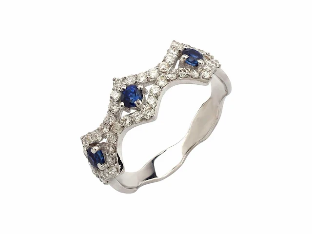 (gecertificeerd) ring 14k goud met natuurlijke blauwe saffier en diamanten 2.56g - afbeelding 4 van  6