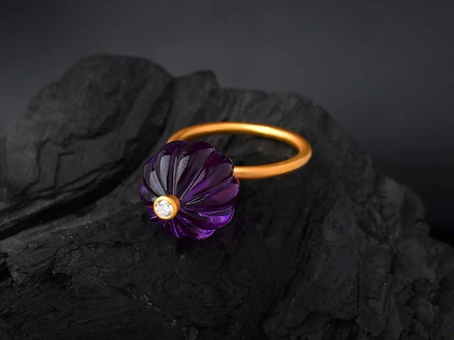 (gecertificeerd) ring 14k goud met natuurlijke diamanten en amethist 5.66 grm - afbeelding 2 van  6