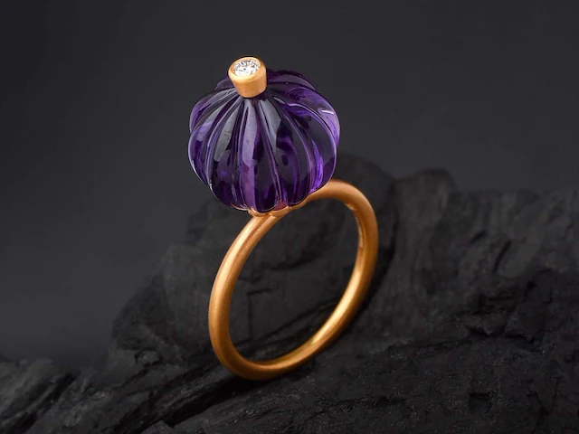 (gecertificeerd) ring 14k goud met natuurlijke diamanten en amethist 5.66 grm - afbeelding 3 van  6