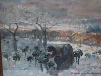 Gemengde tachniek achter glas, getekend niet leesbaar, wintertafereel, 72x85 - afbeelding 2 van  4