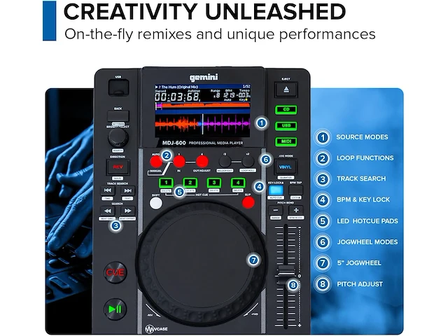 Gemini mdj-600 professional cd and usb midi media player - afbeelding 3 van  6