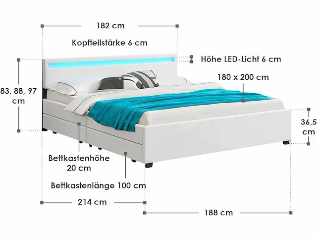 Gestoffeerd bed 180x200 cm met bedstee, led-verlichting - afbeelding 3 van  5