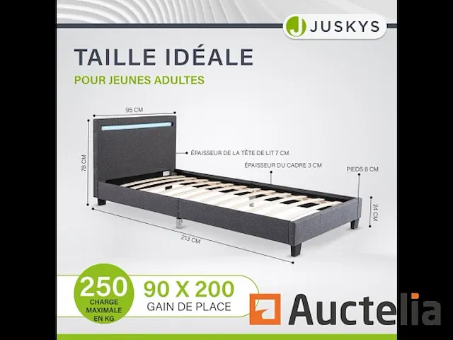 Gestoffeerd bed 90x200, bedframe met led verlichting - afbeelding 3 van  3