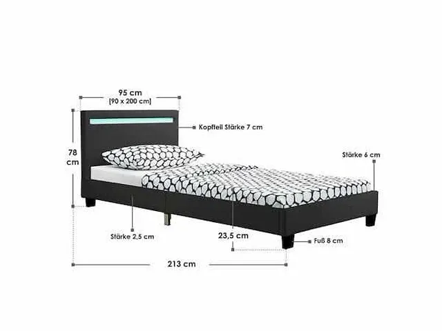 Gestoffeerd bed a met led-verlichting en bedbodem 90x200 - afbeelding 4 van  4