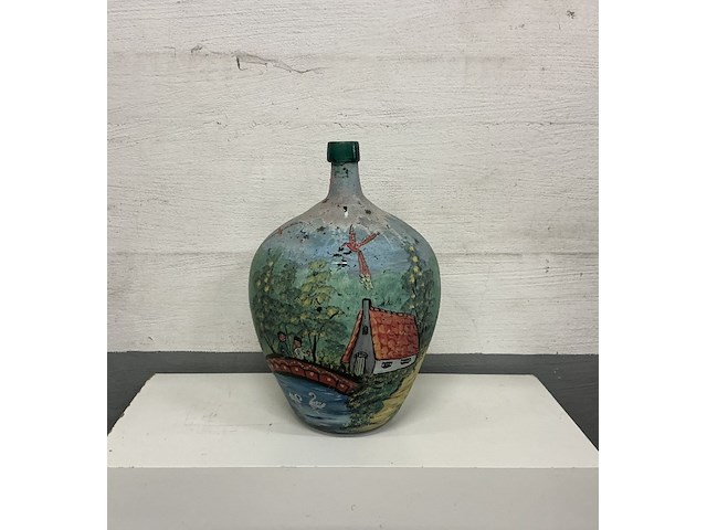 Glazen dame jeanne in groen glas beschildert - afbeelding 1 van  2