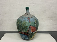 Glazen dame jeanne in groen glas beschildert - afbeelding 1 van  2