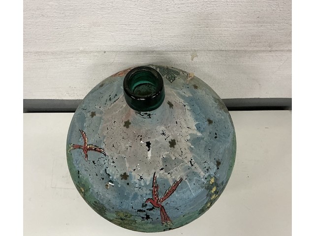 Glazen dame jeanne in groen glas beschildert - afbeelding 2 van  2