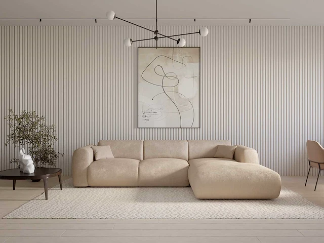 Grote rechter hoekbank - beige geribbelde stof - maison céphy - afbeelding 1 van  6