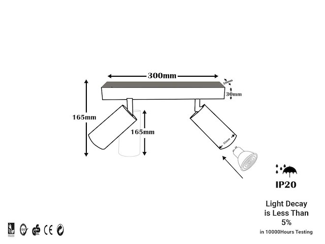 Gu10 opbouwarmatuur - plafondlamp 2 draaibare spots – fitting: gu10 (5x) - afbeelding 4 van  4