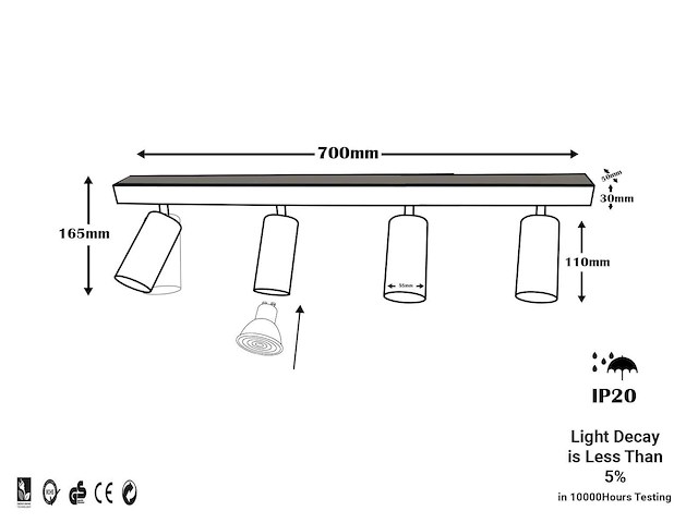 Gu10 opbouwarmatuur – 4 draaibare spots – zwart – aluminium – draaibaar 350°/70° – ip20 (x5) - afbeelding 5 van  5