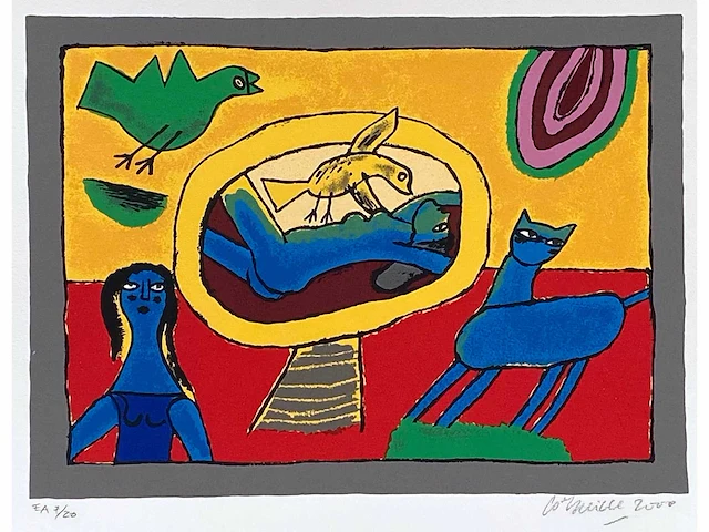 Guillaume corneille - femme et chat en liberté - zeefdruk - afbeelding 1 van  7