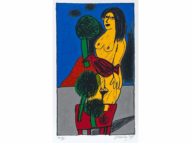 Guillaume corneille - femme, oiseau et les arbres - zeefdruk - afbeelding 1 van  6