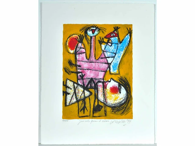 Guillaume corneille - jeux entre femme et oiseau - zeefdruk - 1/200 - afbeelding 2 van  5