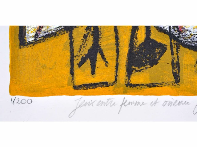 Guillaume corneille - jeux entre femme et oiseau - zeefdruk - 1/200 - afbeelding 4 van  5
