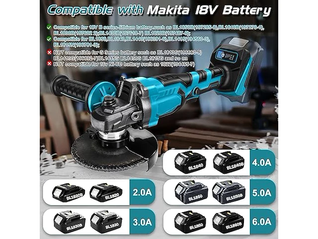 Haakse slijper compatibel makita 18v batterij - afbeelding 2 van  3