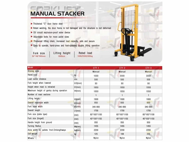 Handmatige stapelaar – 1000 kg / hefhoogte 1600mm - afbeelding 6 van  6
