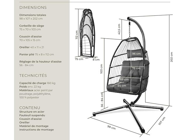 Hangstoel met frame en kussen tot 160 kg donkergrijs - afbeelding 3 van  4