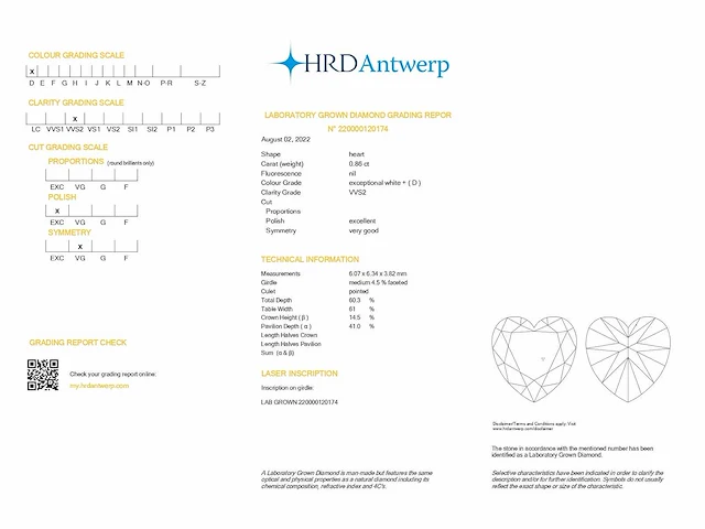 Heart diamond 0.86 ct d/vvs2 (hrd certified) - afbeelding 4 van  4