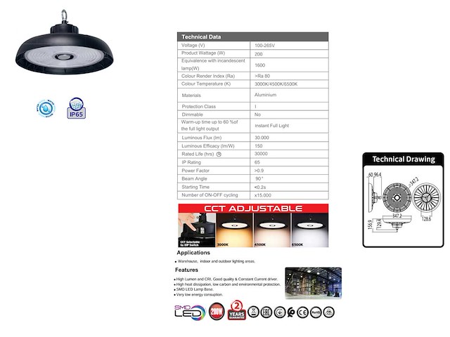 Highbay led-lamp 200w – 150 lm/w – 3cct verstelbaar (3000k/4500k/6500k) – ip65 waterdicht (x5) - afbeelding 5 van  5