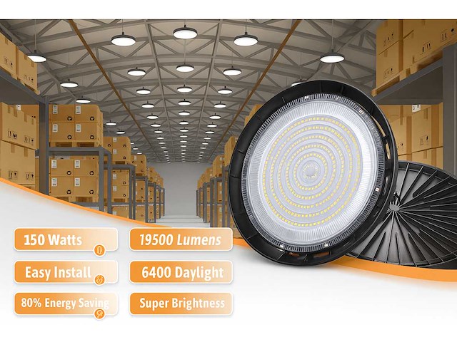 Highbay led slim 150w – 6500k koud wit – ufo ip65 waterdicht – 19.500 lm (x5) - afbeelding 1 van  4