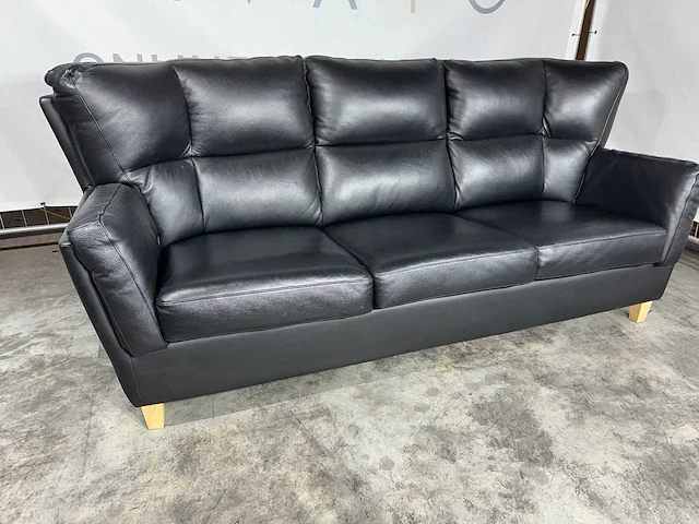 Hjort knudsen - 3-zits bank - zwart leer -houten poten - afbeelding 1 van  6