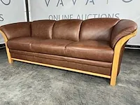 Hjort knudsen - 3-zits bank, bruin leer, houten design afwerking - afbeelding 1 van  5