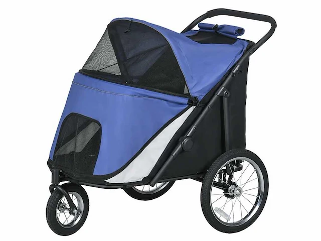 Hondenbuggy, opvouwbaar, luifel die open kan, slaapkussen, stalen frame, blauw/zwart - afbeelding 1 van  5