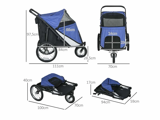 Hondenbuggy, opvouwbaar, luifel die open kan, slaapkussen, stalen frame, blauw/zwart - afbeelding 2 van  5