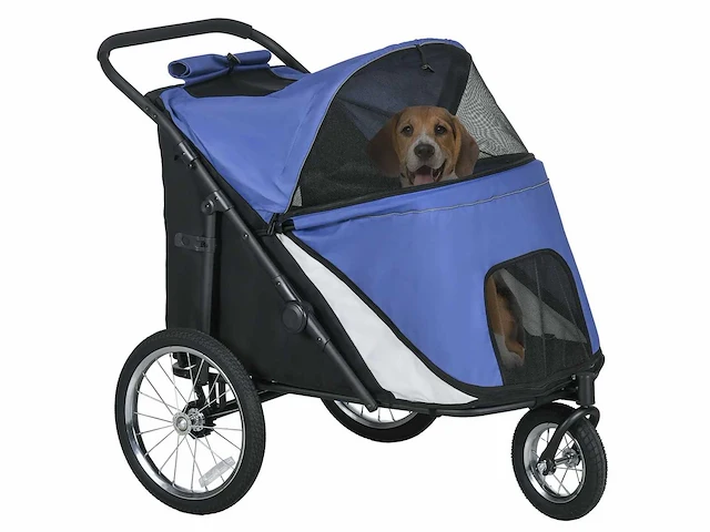 Hondenbuggy, opvouwbaar, luifel die open kan, slaapkussen, stalen frame, blauw/zwart - afbeelding 5 van  5