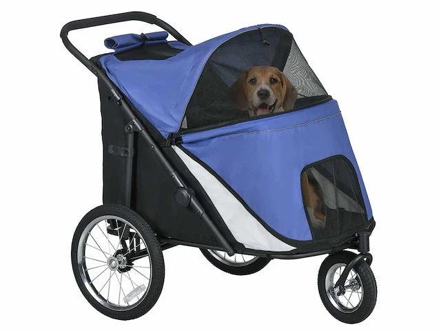 Hondenbuggy, opvouwbaar, luifel die open kan, slaapkussen, stalen frame, blauw/zwart - afbeelding 3 van  12