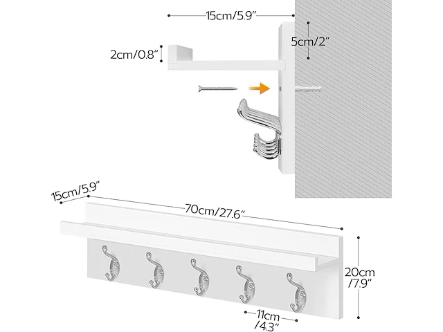 Hoobro wandgarderobe met plank, 70 x 15 x 20 cm - afbeelding 3 van  4