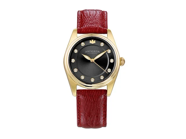 Horloge antverpia yellow case - black dial - red leather - afbeelding 1 van  3