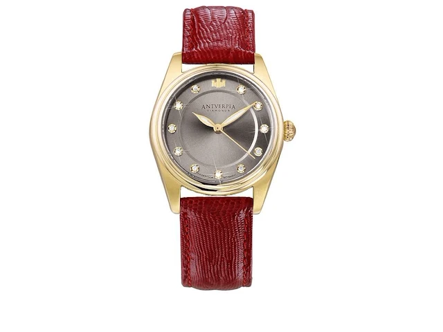 Horloge antverpia yellow case - grey dial - red leather - afbeelding 1 van  3
