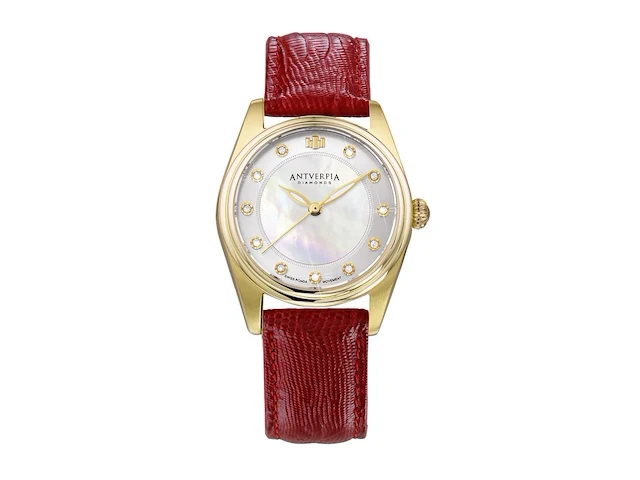 Horloge antverpia yellow case - pearl dial - red leather - afbeelding 1 van  3