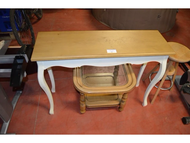 Houten barkruk, houten salontafel met glazen blad, houten tafel 110x35x80 cm - afbeelding 4 van  7